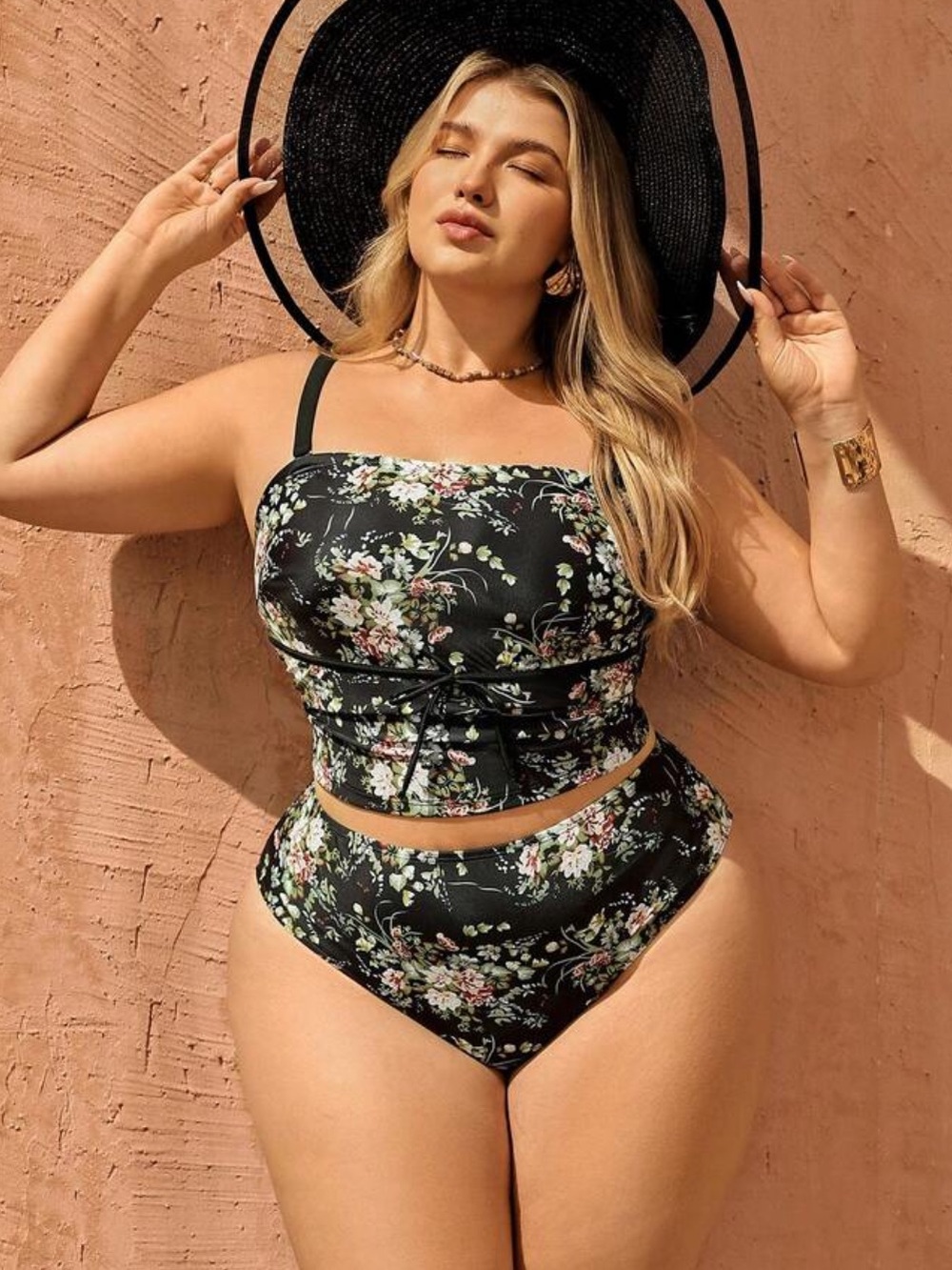 🌿5/$25 SHEIN Black Floral High-Waist Bikini Set
